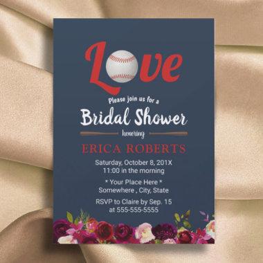 Baseball Love Burgundy Floral Navy Bridal Shower Invitations