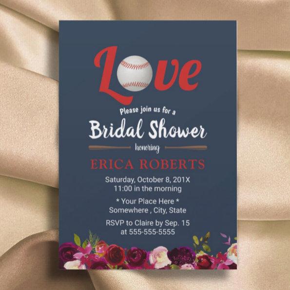 Baseball Love Burgundy Floral Navy Bridal Shower Invitations