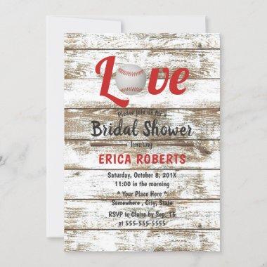 Baseball Love Rustic Sports Wedding Bridal Shower Invitations