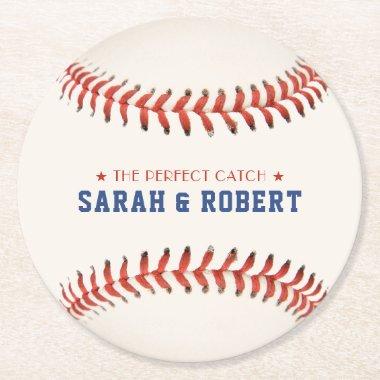 Baseball Softball Sport The Perfect Catch Wedding Round Paper Coaster