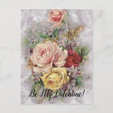 Be My Valentine Vintage Floral Bouquet Lilac Roses Holiday PostInvitations