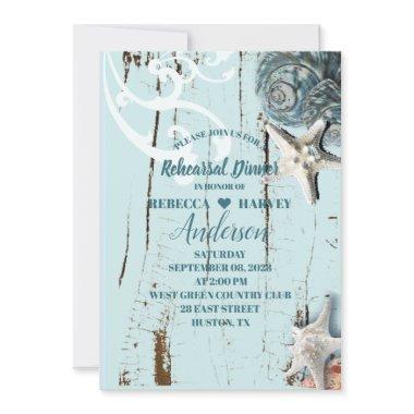 beach aqua blue seashell wedding rehearsal dinner Invitations