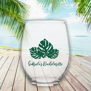 Beach Bachelorette Tropical Green Glitter Monstera Stemless Wine Glass