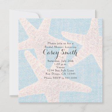 Beach Blue Burlap Starfish Elegant Wedding Bridal Invitations