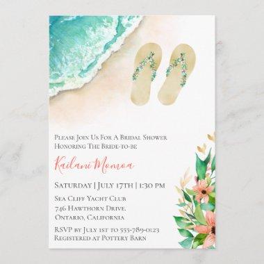 Beach Botanical Flip Flops Bridal Shower Invitations