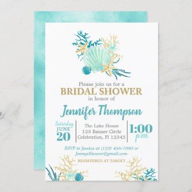 Beach Bridal Shower Teal and Gold Watercolor Invitations