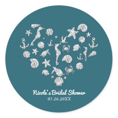 Beach Glam Diamond Heart Bridal Shower Favor Classic Round Sticker