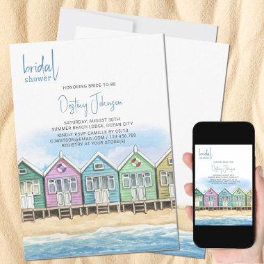 Beach Huts Watercolor Ocean Front Bridal Shower Invitations