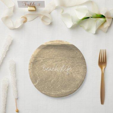 Beach Life Quote Clear Ocean Water Gold Sepia BBQ Paper Plates