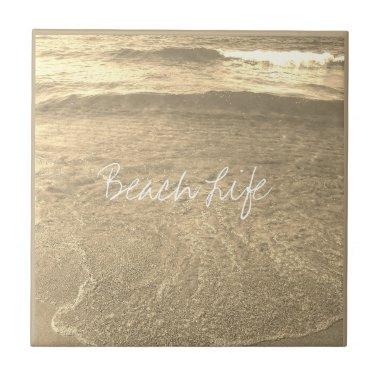 Beach Life Quotes Clear Ocean Water Golden Artsy Ceramic Tile