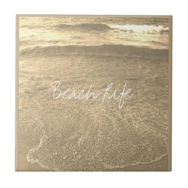 Beach Life Quotes Clear Ocean Water Golden Sparkly Ceramic Tile