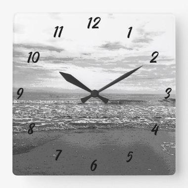 Beach Ocean Sea Abstract Black White Simple Scenic Square Wall Clock