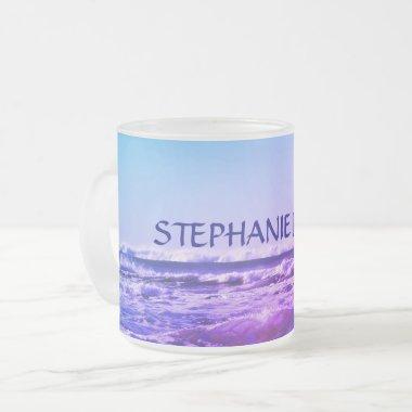 Beach Ocean Wave Monogrammed Name Water Pink Ombre Frosted Glass Coffee Mug