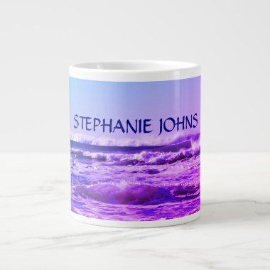 Beach Ocean Wave Monogrammed Name Water Pink Ombre Giant Coffee Mug