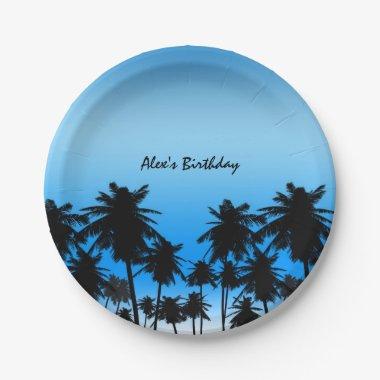 Beach Palm Trees Black & Blue Birthday Party Paper Plates