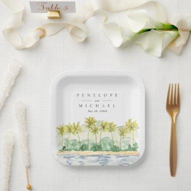 Beach Palm Trees Tropical Watercolor Wedding Paper Plates