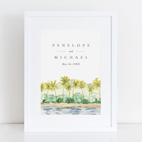 Beach Palm Trees Tropical Watercolor Wedding Poster