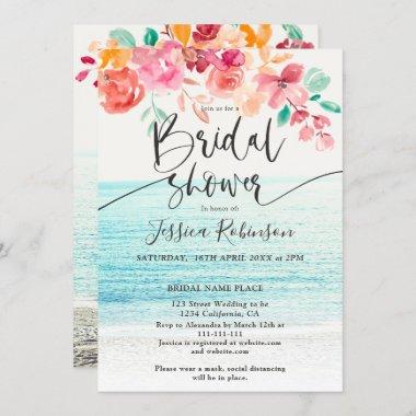Beach photo floral watercolor fall bridal shower Invitations