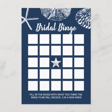 Beach Seashells Bridal Shower Bingo Game Navy Blue Invitations