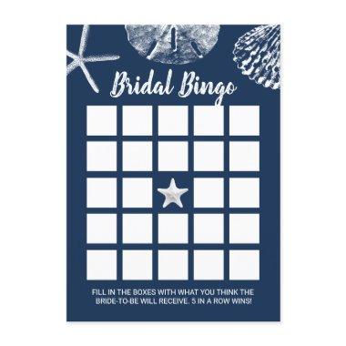 Beach Seashells Bridal Shower Bingo Game Navy Blue Invitations