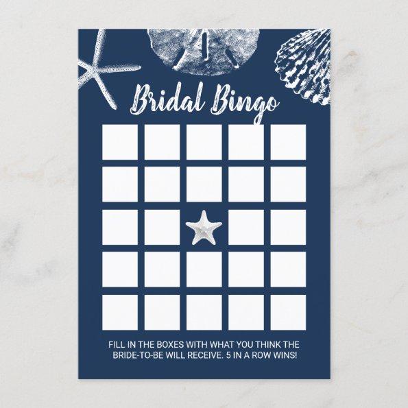 Beach Seashells Bridal Shower Bingo Game Navy Blue Invitations