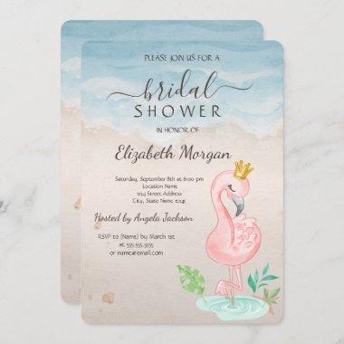 Beach Seashells Pink Flamingos Bridal Shower Invitations