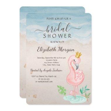 Beach Seashells Pink Flamingos Bridal Shower Invitations