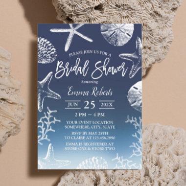 Beach Seashells Starfish Navy Ombre Bridal Shower Invitations