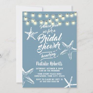 Beach Starfish Elegant Dusty Blue Bridal Shower Invitations