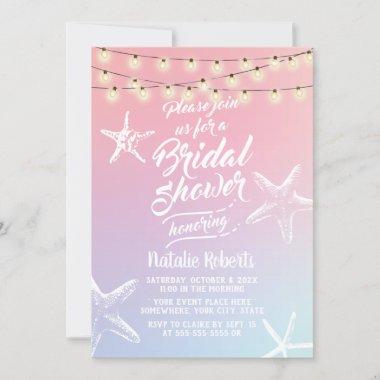 Beach Starfish Pastel Holographic Bridal Shower Invitations