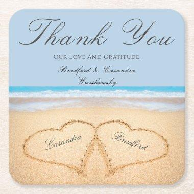 Beach Wedding 2 Hearts in the Sand Wedding Paper Square Paper Coaster