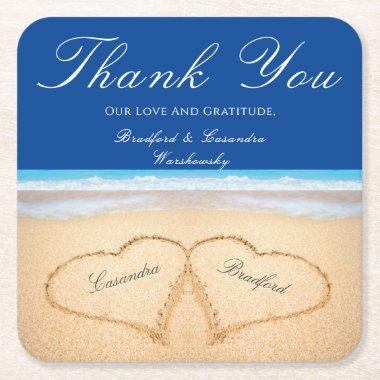 Beach Wedding 2 Hearts in the Sand Wedding Square Paper Coaster