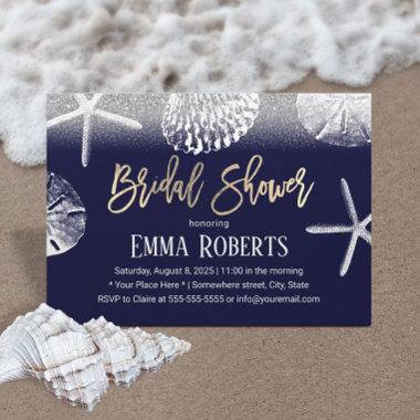 Beach Wedding Bridal Shower Navy Blue Seashells Invitations