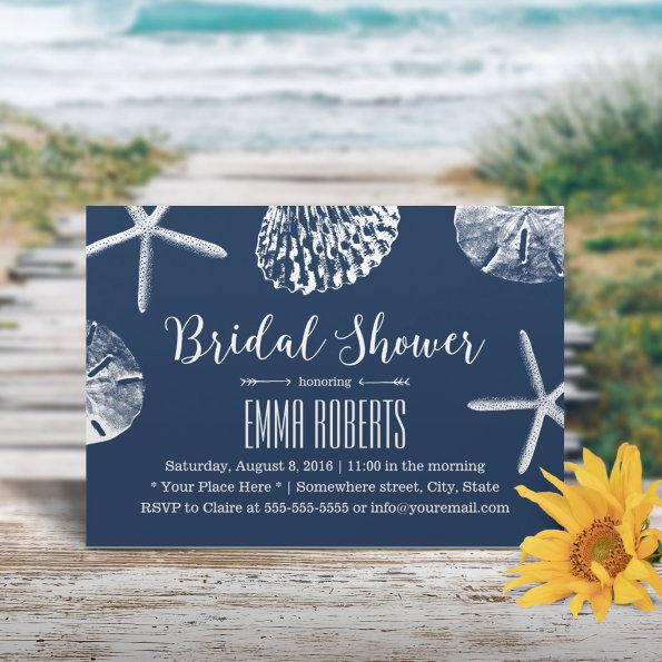 Beach Wedding Bridal Shower Navy Blue Seashells Invitations