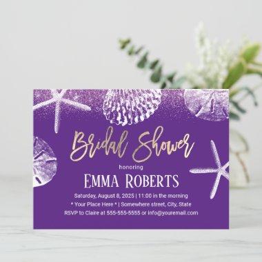 Beach Wedding Bridal Shower Purple Seashells Invitations
