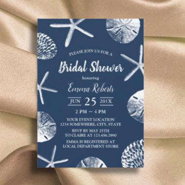 Beach Wedding Navy Blue Seashells Bridal Shower Invitations