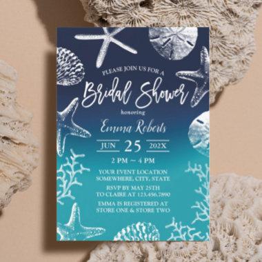 Beach Wedding Ocean Blue Seashells Bridal Shower Invitations