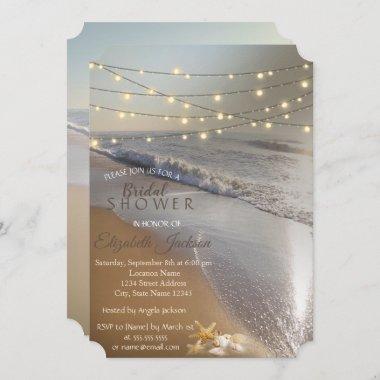 Beach Wedding Seashell String Lights Bridal Shower Invitations