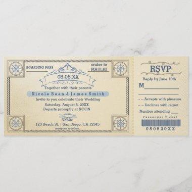 Beach Wedding Vintage Boarding Ticket Invitations