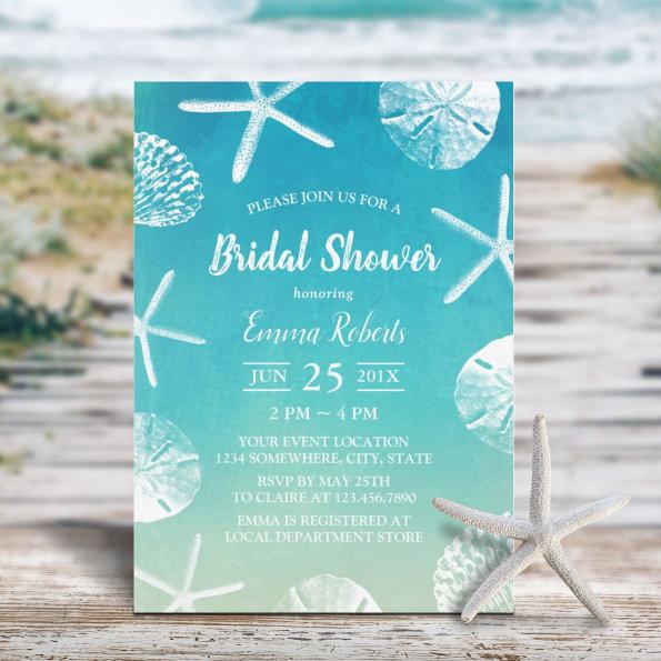 Beach Wedding Watercolor Seashells Bridal Shower Invitations