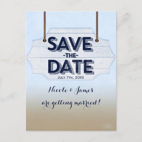 Beach White Wood Sign Save The Date PostInvitations