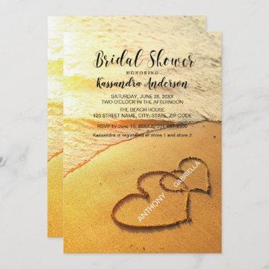 Beach With Hearts In The Sand Bridal Shower Invitations