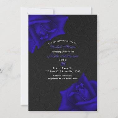 Beautiful Black Texture Blue Roses Bridal Shower Invitations