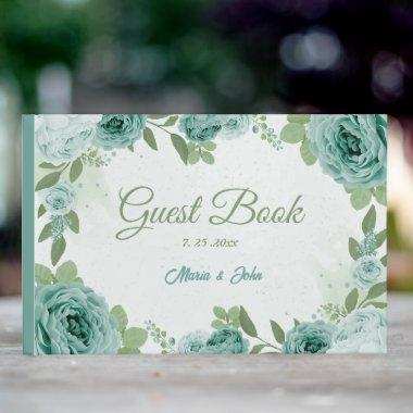 beautiful blue flowers greenery botanical wedding guest book