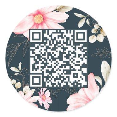 Beautiful Blush Floral QR Code Dark Blue Classic Round Sticker