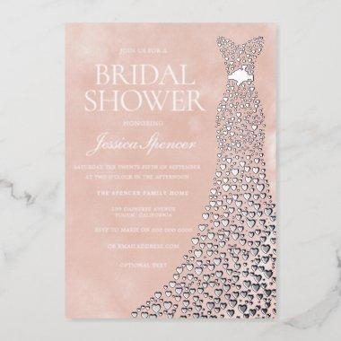 Beautiful Blush Silver Heart Dress Bridal Shower Foil Invitations