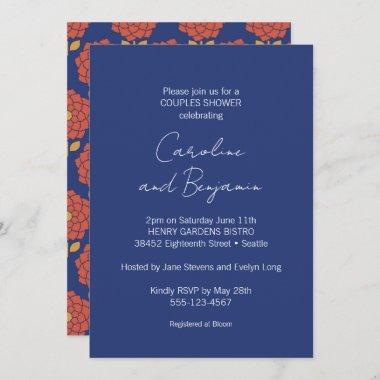 Beautiful Botanical Blue Red Floral Couples Shower Invitations