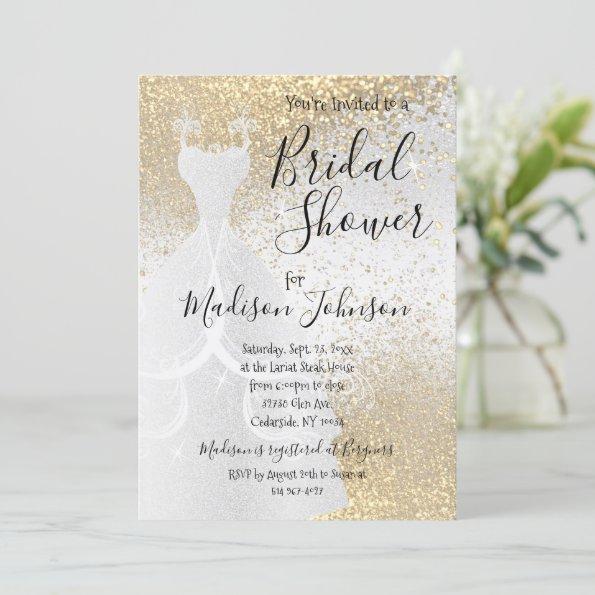 Beautiful Bridal Shower - White & Gold Glitter Invitations