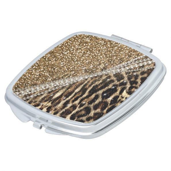 Beautiful Chic Girly Leopard Print Gold Glitter Makeup Mirror