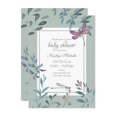 Beautiful Dragonfly Garden Greenery Baby Shower Invitations